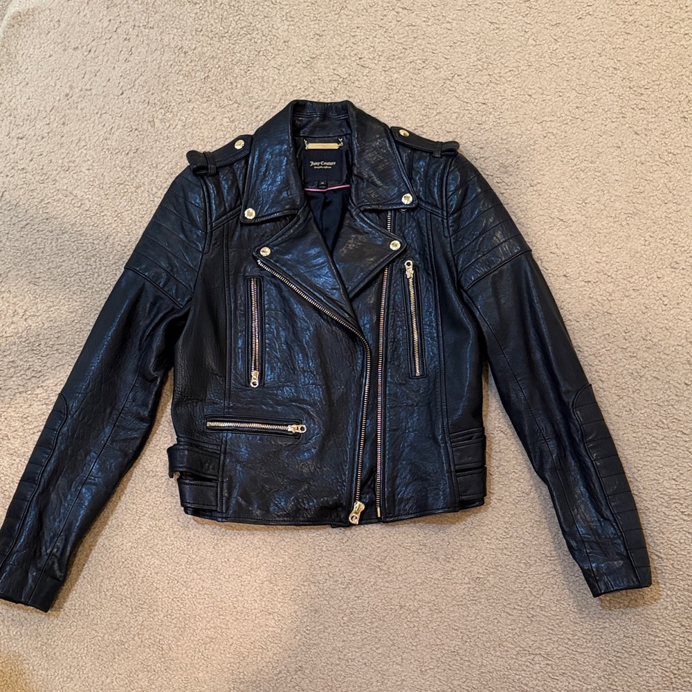 Juicy Couture Black Leather Moto Jacket 100% Lamb Leather size M